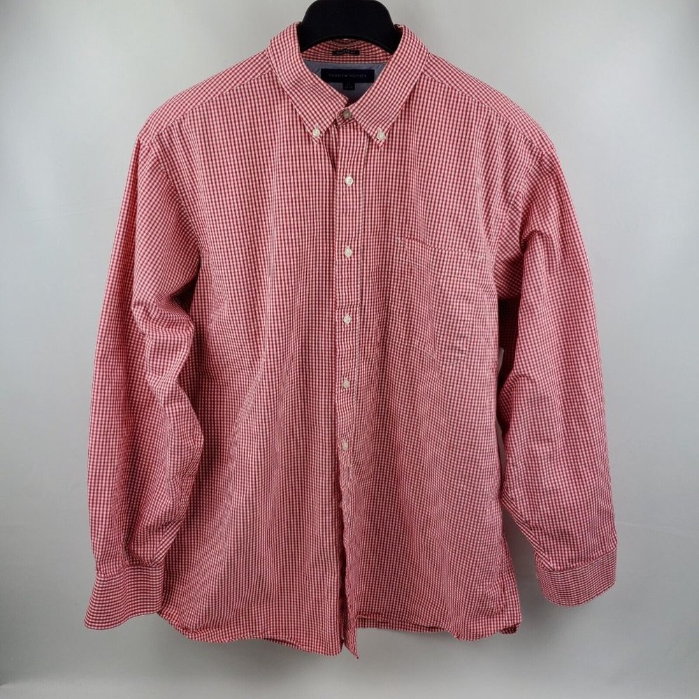 Tommy Hilfiger Mens Shirt Long Sleeve Button Up Red White 17-34/35 Cotton